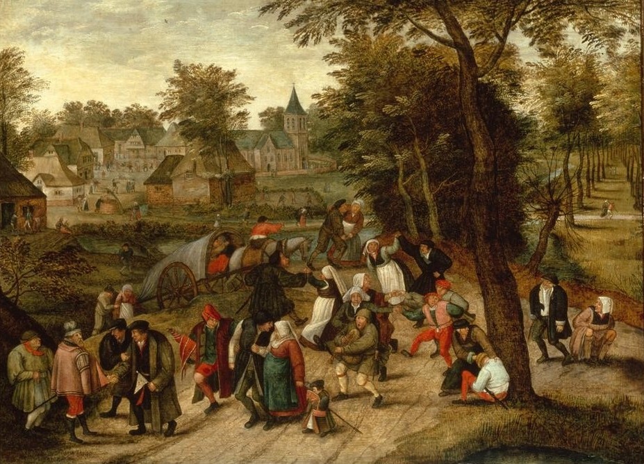 Pieter Brueghel der Jüngere, Rückkehr von der Kirmes (Feste,Flämische Kunst,Tanz,Verkehr,Volksfest,Volkskunde,Steckenpferd,Volkstanz,Niederländische Kunst,Urinieren,Im Freien (Allgemein),Ausgelassenheit,Landbevölkerung,Dorfleben,Land Und Leute,Kirmes,Heimweg)