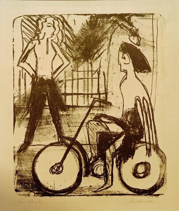 Ernst Ludwig Kirchner, Radfahrerin (Deutsche Kunst,Fahrrad,Frau,Kunst,Mensch,Verkehr,Expressionismus,Die Brücke,Körperhaltung,Fahrradfahrerin,Freihändig)