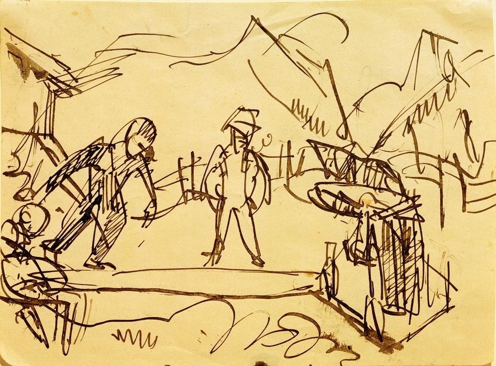 Ernst Ludwig Kirchner, Kegelbahn auf der Stafelalp (Deutsche Kunst,Kegeln,Kunst,Mann,Mensch,Freizeit,Spiel,Sport,Expressionismus,Die Brücke,Im Freien (Allgemein),Kegelbahn,Ballsport)