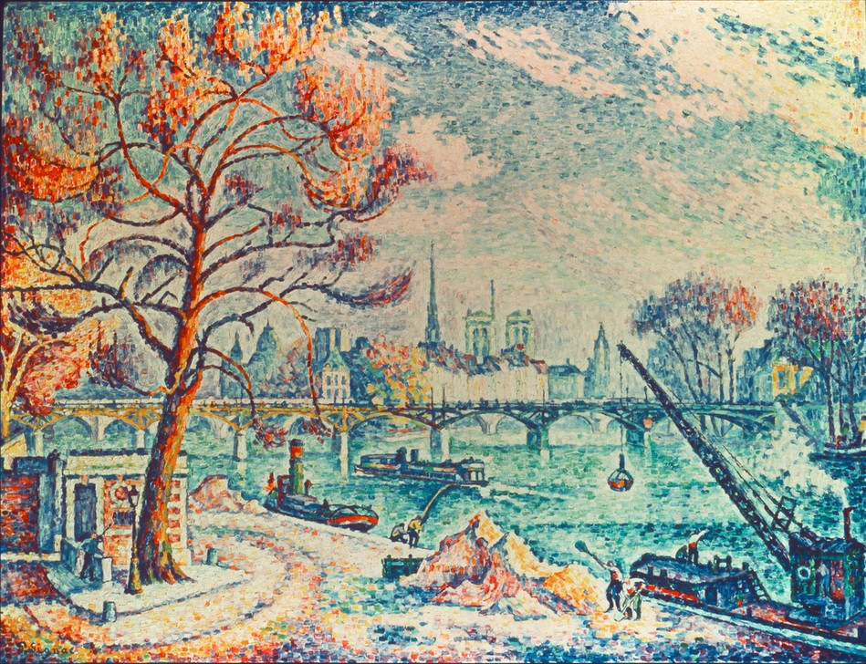 Paul Signac, Paris, le Pont des Arts (Brücke,Geographie,Kran,Kunst,Fluss,Pointillismus,Vedute,Französische Kunst,Ansicht,Topographie,Quai)