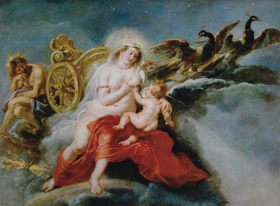 Peter Paul Rubens, Die Entstehung der Milchstraße (Adler,Astronomie,Baby,Fettleibigkeit,Flämische Kunst,Krieg,Mythologie,Schöpfungsmythen,Vogel,Wetter,Milchstrasse,Stillen,Barock,Akt,Busen,Pfau,Quadriga,Blitz,Streitwagen,Niederländische Kunst,Kosmos,Göttin,Weltraum,Tier,Gott,Griechisch-Römische Mythologie)