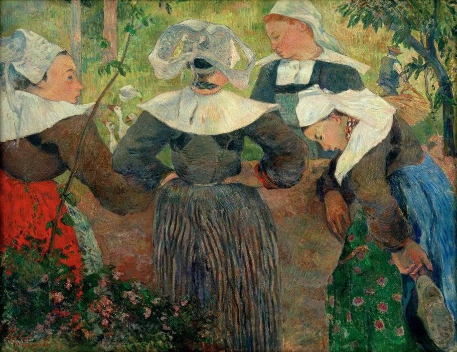 Paul Gauguin, Les quatre bretonnes (Frau,Gruppenbild,Kopfbedeckung,Mauer (Architektur),Schuhe (Schuh),Tracht,Volkskunde,Impressionismus,Bäuerin,Haube,Französische Kunst,Landbevölkerung,Schuh (Drückend),Synthetismus,Land Und Leute)