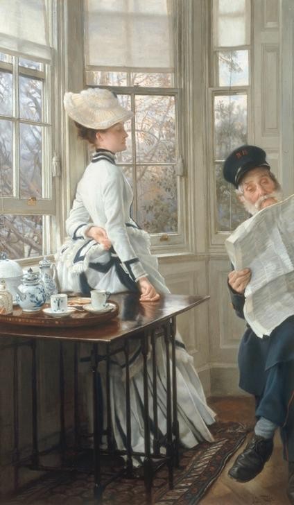 James Tissot (Jacques-Joseph), La lecture du journal (Damenhut,Damenmode,Ehepaar,Kunst,Leser,Literatur,Mode,Szene,Ungleiches Paar,Wohnzimmer,Frühstück,Realismus,Zeitung,Erker,Salonmalerei,Lesen (Allgemein),Interieur,Genre,Französische Kunst,Eheleben,Alltag)
