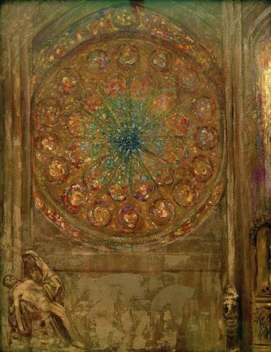 Odilon Redon, Le vitrail (Architektur,Christentum,Fenster,Kirche,Kunst,Religion,Rosette,Innenarchitektur,Gotik,Symbolismus,Interieur,Architekturdarstellung,Pieta,Französische Kunst,Ansicht,Innenansicht,Butzenscheiben,Skulptur Im Bild,Masswerkrose,Sakralbau,Kathedrale)