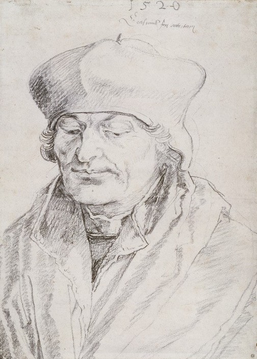 Albrecht Dürer, Erasmus von Rotterdam (Deutsche Kunst,Gelehrter,Humanist,Mann,Philologe,Theologe,Renaissance,Portrait,Theologie,Humanismus,Philologie,Barett,Brustbild,Gesenkter Blick,Person)