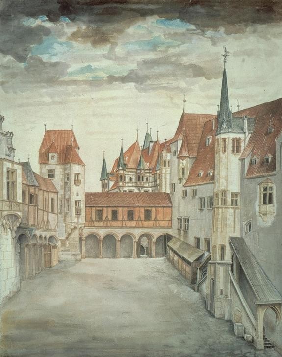 Albrecht Dürer, Der Hof der Burg zu Innsbruck (Architektur,Geographie,Kunst,Wolke,Aussentreppe,Gotik,Vedute,Architekturdarstellung,Ansicht,Treppenturm,Topographie,Burghof)