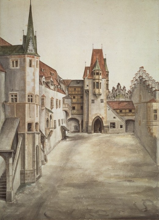 Albrecht Dürer, Der Hof der Burg zu Innsbruck (Architektur,Geographie,Kunst,Gotik,Vedute,Architekturdarstellung,Ansicht,Treppenturm,Topographie,Burghof)