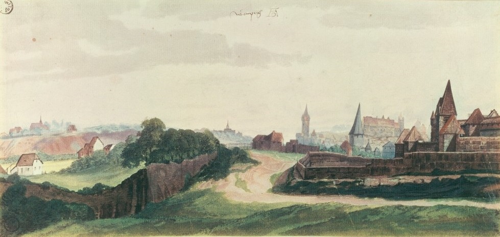 Albrecht Dürer, Ansicht der Stadt Nürnberg von Westen (Burg (Bauwerk),Deutsche Kunst,Geographie,Kunst,Stadtbefestigung,Stadttor,Stadtmauer,Renaissance,Stadtansicht,Reichsstadt,Topographie)