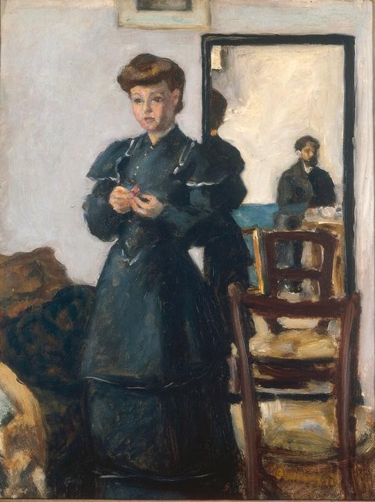 Pierre Bonnard, Intérieur (Frau,Kunst,Mensch,Spiegel,Portrait,Interieur,Französische Kunst,Spiegelbild,Nabis,Wandspiegel,Kniestück)