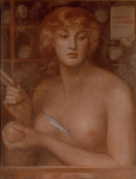 Dante Gabriel Rossetti, Venus Verticordia (Apfel,Frau,Jugend (Lebensalter),Liebe,Mythologie,Pfeil,Rose,Schönheit,Busen,Femme Fatale,Allegorie,Portrait,Präraffaeliten,Englische Kunst,Mystik,Viktorianische Kunst,Langes Haar,Verticordia,Junge Frau,Griechisch-Römische Mythologie,Symbolik,Sinnlichkeit)