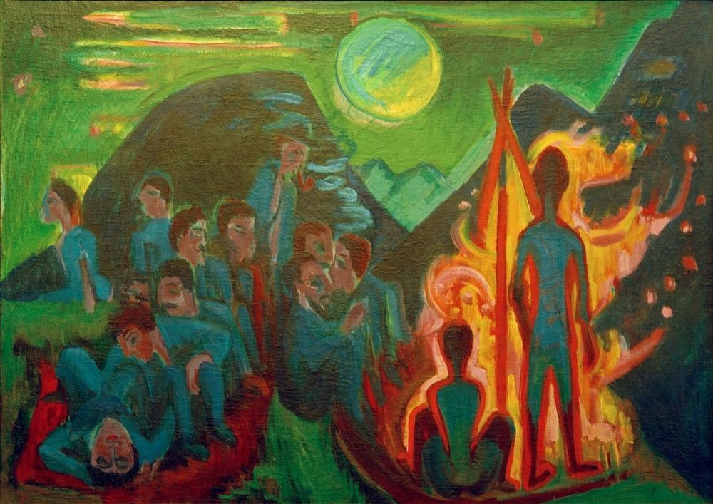 Ernst Ludwig Kirchner, Bundesfeuer (Deutsche Kunst,Feste,Feuer,Gebirge,Kunst,Mond,Volkskunde,Tageszeiten,Abend,Nacht,Expressionismus,Lagerfeuer,Die Brücke,Vollmond,Geselliges Beisammensein,Feier)