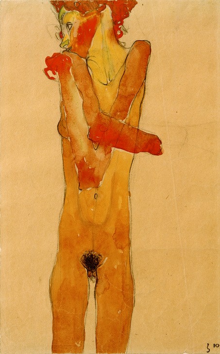 Egon Schiele, Mädchenakt mit vor der Brust verschränkten Armen (Frau,Kunst,Mädchen,Akt,Expressionismus,Österreichische Kunst,Scham,Schamhaar,Junge Frau,Kniestück,Verschränkte Arme)