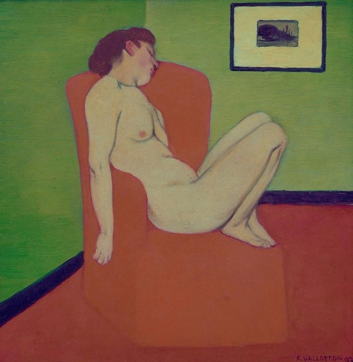 Felix Vallotton, Nackte Frau, auf einem Sessel sitzend (Frau,Kunst,Akt,Französische Kunst,Schweizerische Kunst,Sessel,Nabis,Sitzen,Kauern,Ganzfigurig,Schlafen (Schlaf),Nickerchen)