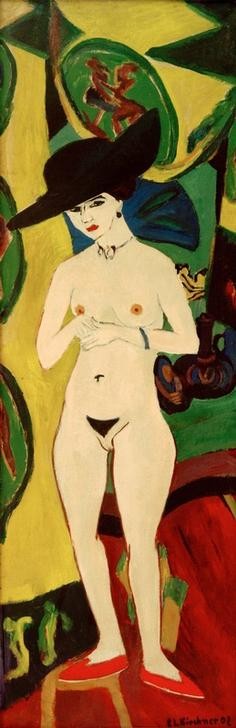 Ernst Ludwig Kirchner, Stehender Akt mit Hut (Damenhut,Deutsche Kunst,Erotik,Frau,Kopfbedeckung,Kunst,Hut,Akt,Expressionismus,Die Brücke,Erotische Kunst,Ganzfigurig)