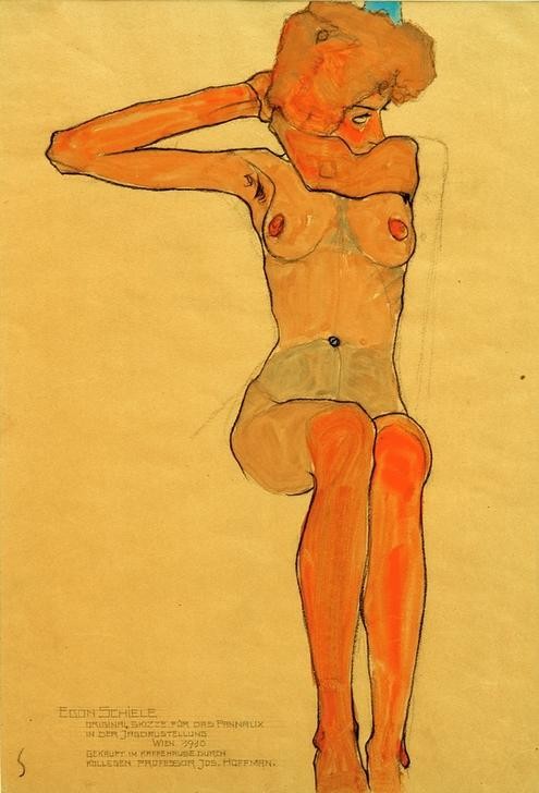 Egon Schiele, Mädchenakt (Erotik,Frau,Kunst,Akt,Österreichische Kunst,Erotische Kunst,Sitzen)