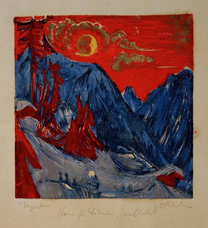 Ernst Ludwig Kirchner, Wintermondnacht (Deutsche Kunst,Gebirge,Kunst,Landschaft,Mond,Winter,Nacht,Expressionismus,Die Brücke,Vollmond)