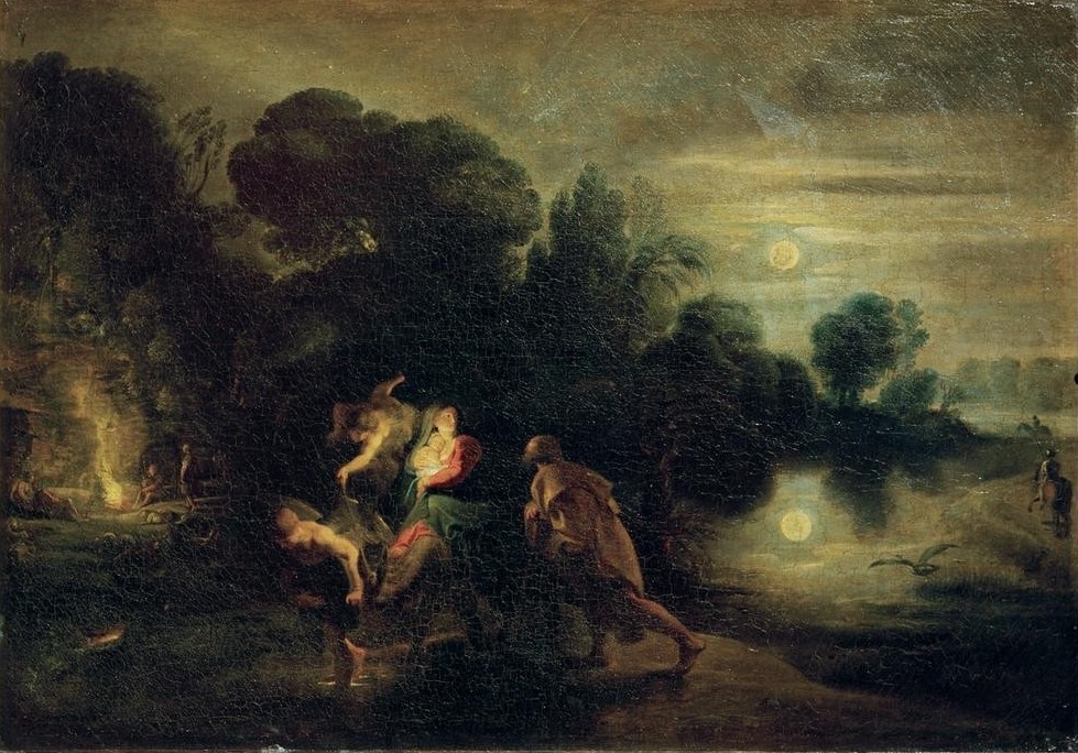 Peter Paul Rubens, Die Flucht nach Ägypten (Christentum,Engel,Flämische Kunst,Landschaft,Mond,Religion,Nacht,Barock,Heilige Familie,Esel,Neues Testament,Bibel,Flucht Nach Ägypten,Niederländische Kunst,Spiegelbild,Reiten,Kindheit Jesu,Mondschein)