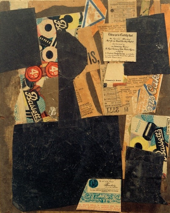 Kurt Schwitters, Ohne Titel (This is to Certify that) (Klassische Moderne, Malerei, Abstrakt, Collage, Zeitung,    geometrische Formen, Papierschnipsel, Dadaismus, Wohnzimmer, Treppenhaus, Wunschgröße,  bunt)