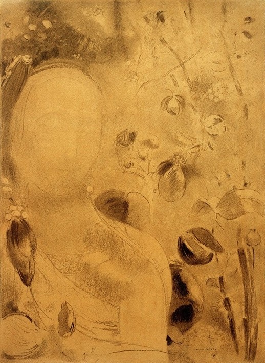 Odilon Redon, La Rêve, fleurs et visage (Frau,Kunst,Mensch,Traum,Symbolismus,Französische Kunst,Mystik,Kopf,Blume,Schlafen (Schlaf),Phantasie,Signatur)