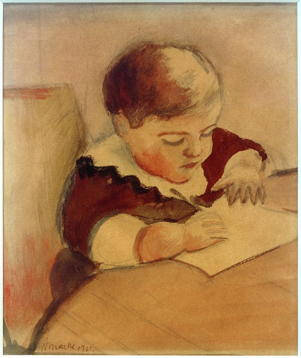 August Macke, Walter, am Tisch malend (Kinderbild In Der Kunst,Deutsche Kunst,Familie,Kindermode,Kind,Künstler,Kunst,Maler (Künstler),Mann,Mensch,Mode,Tisch,Kleinkind,Portrait,Der Blaue Reiter,Knabe,Spitzenkragen,Kleidung (Allgemein),Sohn,Kinderleben,Kind Berühmter Persönlichkeiten,Sohn Von Be)
