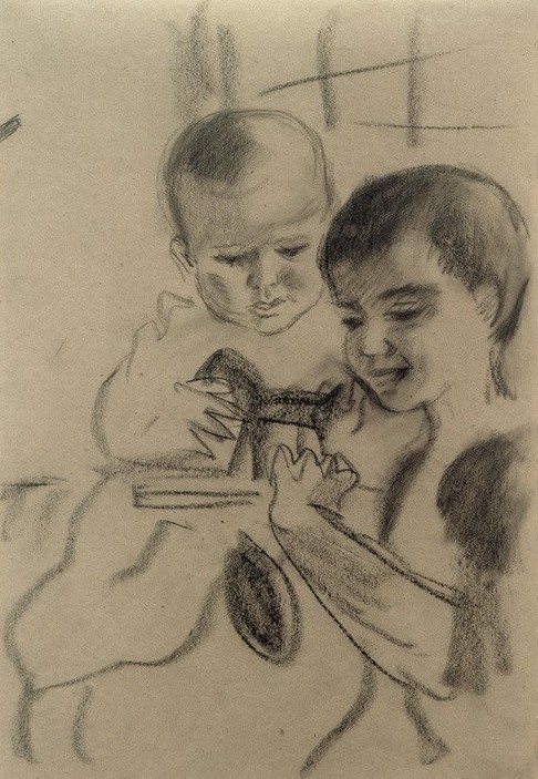 August Macke, Walter und Wolfgang mit Pferdchen (Kinderbild In Der Kunst,Deutsche Kunst,Familie,Geschwister,Kind,Künstler,Kunst,Maler (Künstler),Mann,Mensch,Pferd (Tier),Spiel,Spielzeug,Kleinkind,Portrait,Der Blaue Reiter,Heile Welt,Lächeln,Knabe,Familienleben,Sohn,Geschwisterliebe,Kinderleben,Betrachte)