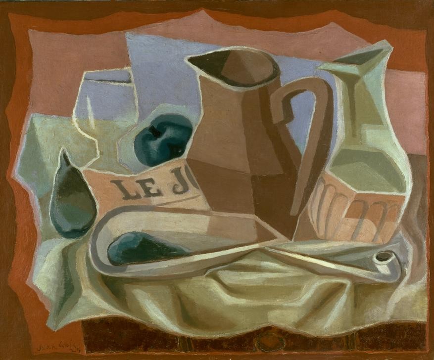 Juan Gris, Bol, Broc et carafe (Glas, Krug, Schale, Tischtuch, Zeitung, Pfeife,  Stillleben,  Kubismus, Klassische Moderne, Wohnzimmer, Esszimmer, Wunschgröße)