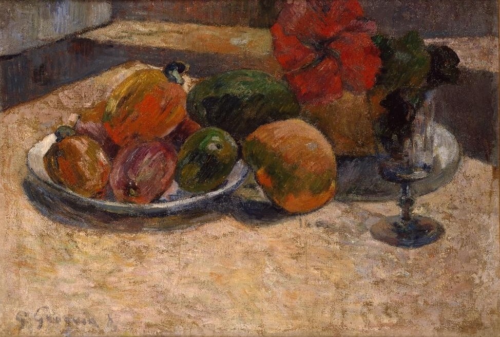 Paul Gauguin, Fruits exotiques et fleurs rouges (Früchte,Kunst,Obst,Stillleben,Schale (Gefäss),Vase,Teller,Französische Kunst,Blume)