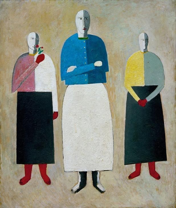Kasimir Malewitsch, Drei Mädchen (Frau,Gruppenbild,Kunst,Mädchen,Konstruktivismus,Russische Kunst,Blume,Ukrainische Kunst)