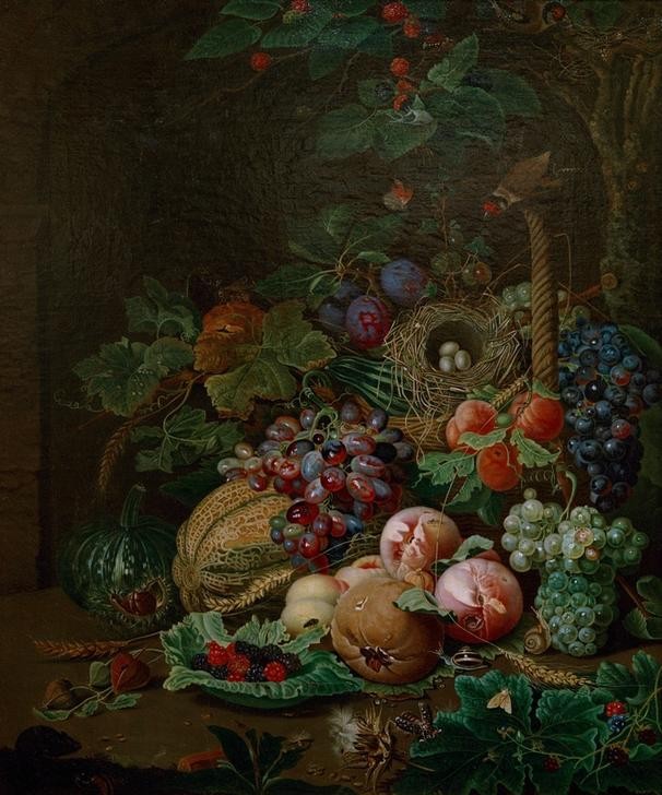 Jan Davidsz.de Heem, Früchtestilleben (Aprikose,Brombeere,Deutsche Kunst,Früchte,Kastanie,Kunst,Maus,Obst,Pflaume,Vogel,Weizen,Insekt,Stillleben,Schmetterling,Kürbis,Ei,Pfirsich,Vogelnest,Weintraube,Beere,Tier,Nest,Melone (Frucht),Schnecke (Zoologie),Gelege)