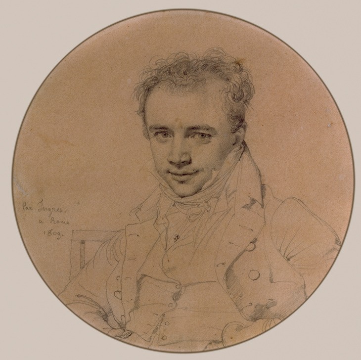 JEAN-AUGUSTE-DOMINIQUE INGRES, Portrait du sculpteur Henri-Joseph Rutxhiel (Bildhauer,Herrenmode,Künstler,Kunst,Mann,Mode,Klassizismus,Portrait,Tondo,Französische Kunst,Lächeln,Kragen,Blick Aus Dem Bild,Brustbild,Rund,Person,Junger Mann)