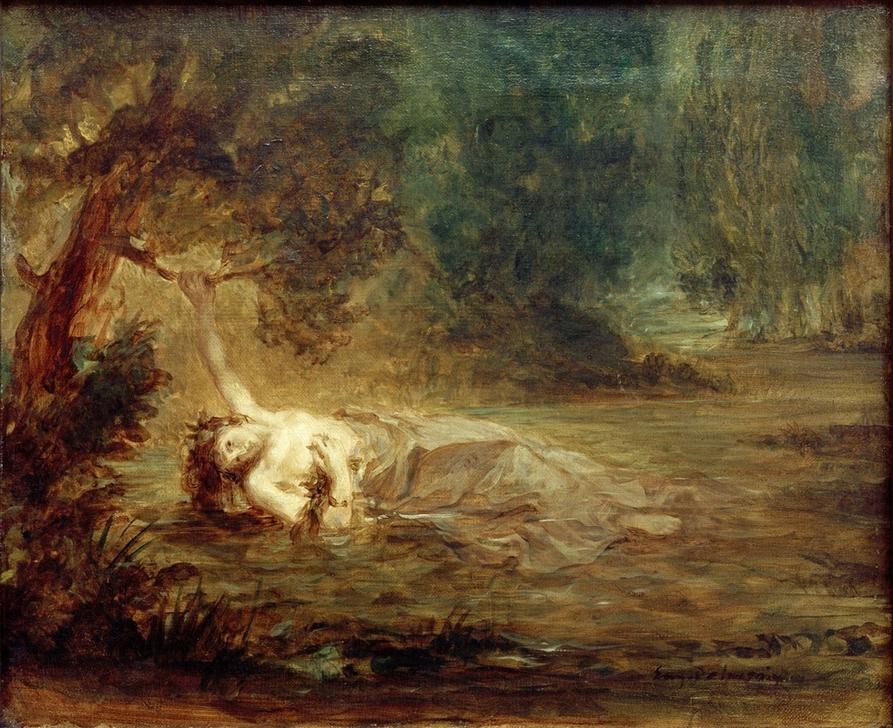 Eugene Delacroix, Der Tod der Ophelia (Kunst,Literatur,Selbstmord,Szene,Tod,Französische Kunst,Geisteskrankheit,Schauspiel,Romantik,Ertrinken)