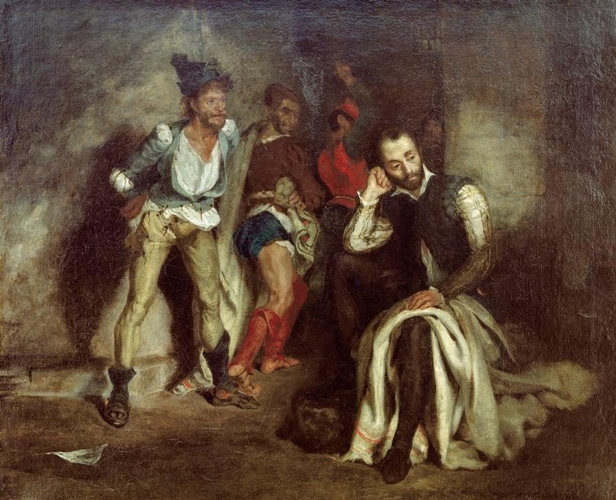 Eugene Delacroix, Le Tasse dans la maison de fous (Dichterleben,Dichter,Kunst,Literatur,Schriftsteller,Spott,Psychiatrie,Anstalt,Französische Kunst,Geisteskrankheit,Gefangenschaft,Historienmalerei,Romantik,Privatsammlung,Person,Psychiatrisches Krankenhaus)