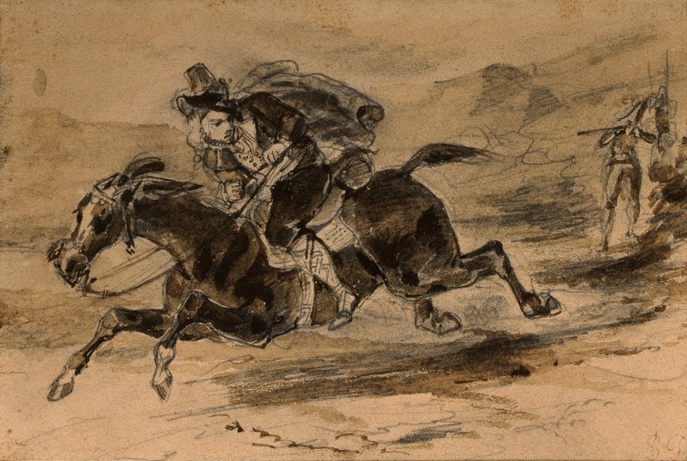 Eugene Delacroix, Die Flucht des Schmugglers (Kunst,Mann,Pferd (Tier),Recht,Schiessen,Schmuggel,Soldat,Szene,Schmuggler,Reiter,Flucht,Grenze,Französische Kunst,Galopp,Grenzpolizei,Grenzübergang,Grenzkontrolle,Grenzverkehr,Straftat)