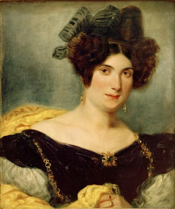 Eugene Delacroix, Portrait de Madame Simon (Damenmode,Frau,Kunst,Mensch,Mode,Schmuck,Ohrring,Portrait,Bürgertum,Französische Kunst,Brosche,Romantik,Brustbild,Frisur)