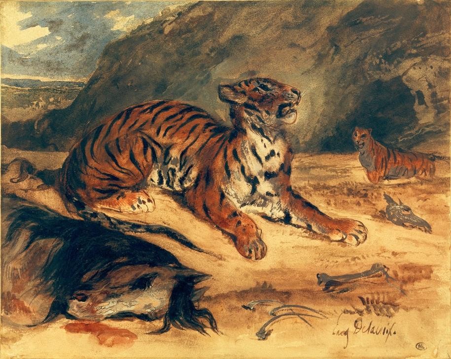 Eugene Delacroix, Deux tigres dans leur antre près d’un cheval mort (Kunst,Pferd (Tier),Zoologie,Höhle,Tiger,Französische Kunst,Tierleben,Raubkatze,Exotik,Raubtier,Grosskatze,Tier,Romantik,Aas,Kadaver)