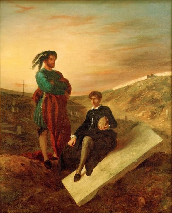 Eugene Delacroix, Hamlet et Horatio au cimetière (Friedhof,Kunst,Literatur,Szene,Totengräber,Exhumierung,Totenkopf,Französische Kunst,Memento Mori,Schauspiel,Illustration,Romantik,Person)