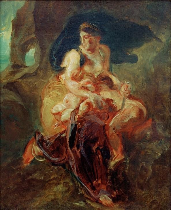 Eugene Delacroix, Médée furieuse, esquisse (Kunst,Mutter Und Kind,Mythologie,Blutrausch,Wahnsinn,Paranoia,Französische Kunst,Romantik,Kindsmord,Griechisch-Römische Mythologie)