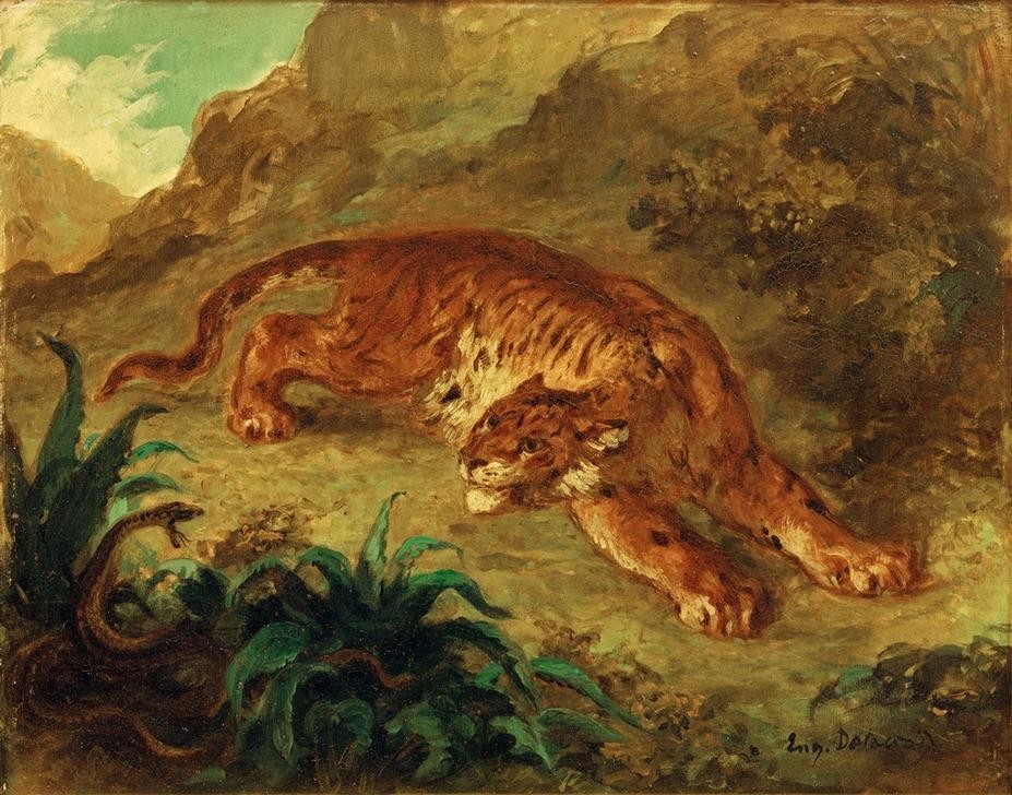 Eugene Delacroix, Le tigre et le serpent (Kunst,Schlange,Zoologie,Tiger,Französische Kunst,Tierleben,Raubkatze,Raubtier,Grosskatze,Romantik,Kampf Zwischen Tieren,Giftschlange)