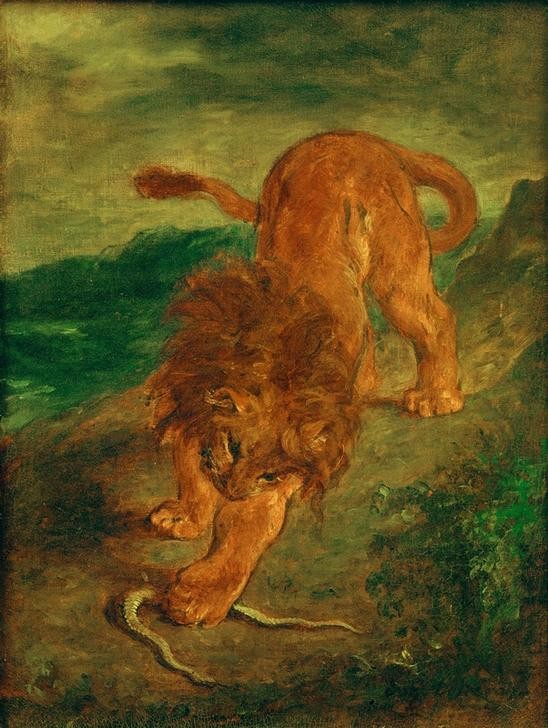 Eugene Delacroix, Le lion et le serpent (Kunst,Löwe (Tier),Schlange,Zoologie,Französische Kunst,Tierleben,Raubkatze,Raubtier,Grosskatze,Romantik,Kampf Zwischen Tieren,Giftschlange)