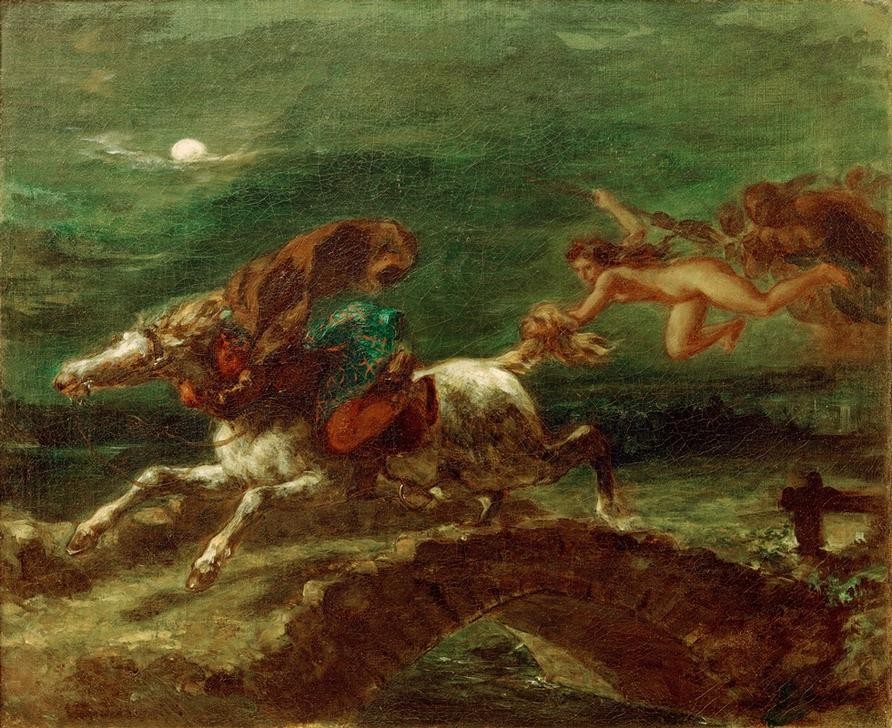 Eugene Delacroix, Tam O’Shanter, poursuivi par les sorcières (Hexe,Hexensabbath,Kunst,Literatur,Mond,Nacht,Reiter,Magie,Angst,Vision,Halluzination,Verfolgungswahn,Ballade,Französische Kunst,Galopp,Illustration,Todesangst,Schlechtes Gewissen,Vollmond,Lyrik,Reiten,Romantik,Geschwindigkeit)