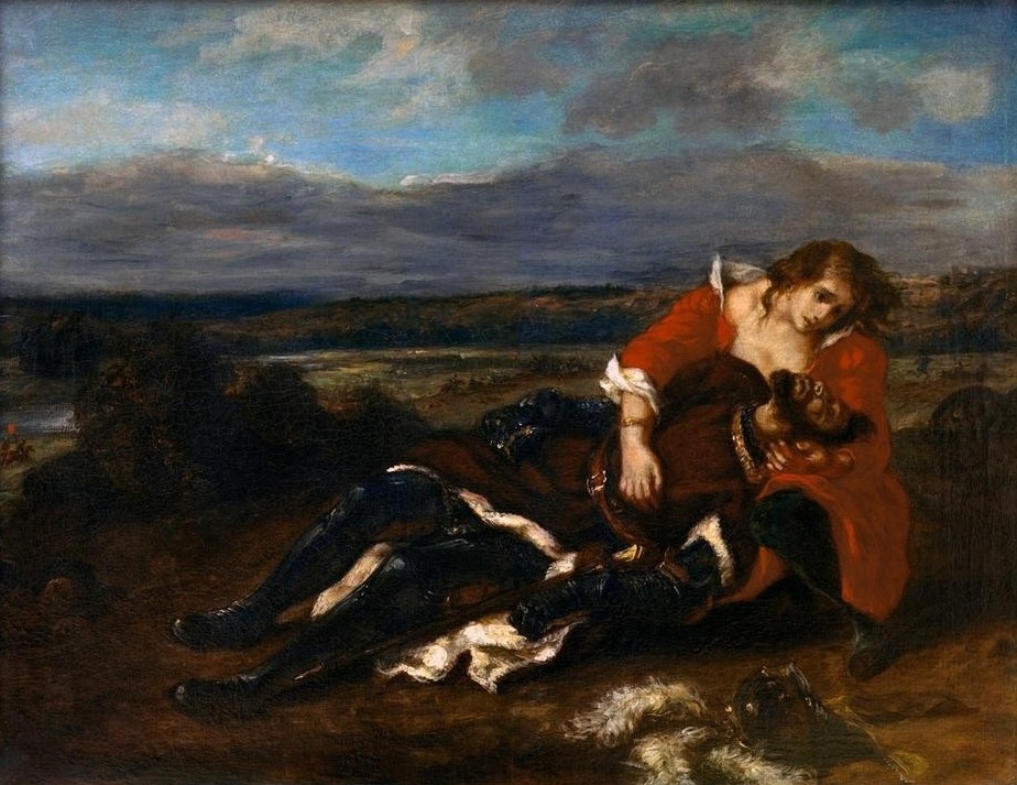 Eugene Delacroix, La mort de Lara (Dichter,Kunst,Literatur,Ritter,Tod,Französische Kunst,Sterben,Illustration,Frau In Männerberuf,Epos,Romantik,Sterbebegleitung,Privatsammlung,Zweikampf,Knappe (Rittertum))