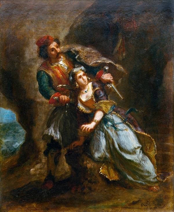 Eugene Delacroix, La fiancée d’Abyos (Kunst,Liebespaar,Literatur,Völkerkunde,Angst,Orientalismus,Flucht,Französische Kunst,Illustration,Epos,Romantik)