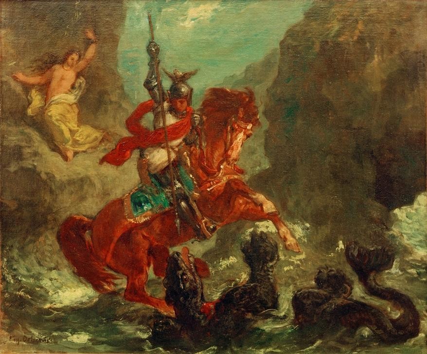 Eugene Delacroix, Roger délivrant Angélique (Kunst,Literatur,Ritter,Kampf Zwischen Mensch Und Tier,Seeungeheuer,Befreiung (Gefangenschaft),Französische Kunst,Illustration,Epos,Romantik,Drache (Fabelwesen))