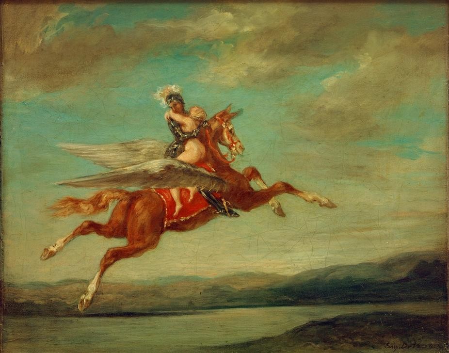 Eugene Delacroix, Roger enlevant Angélique sur l’hippogriffe (Kunst,Literatur,Ritter,Entführung,Französische Kunst,Schweben,Fliegen,Epos,Romantik,Privatsammlung,Hippogryph)