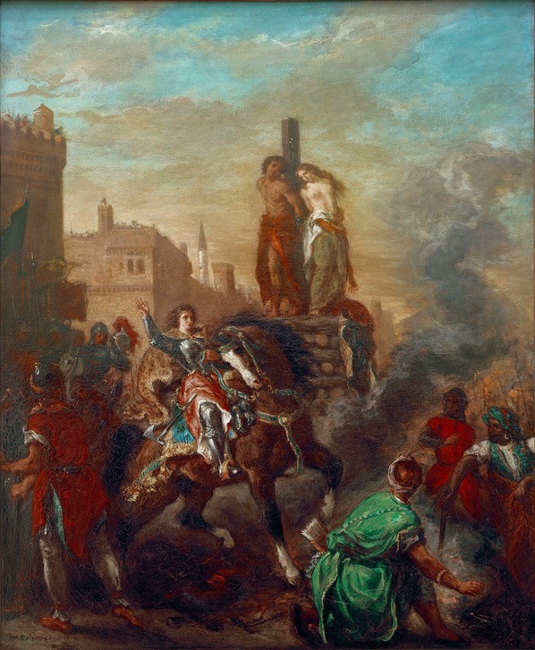 Eugene Delacroix, Olinde et Sophronie sur le bûcher delivrés par Clorinde (Christenverfolgung,Feuertod,Hinrichtung,Kunst,Literatur,Recht,Frau Beim Militär,Scheiterhaufen,Befreiung (Gefangenschaft),Französische Kunst,Lebensrettung,Epos,Romantik)