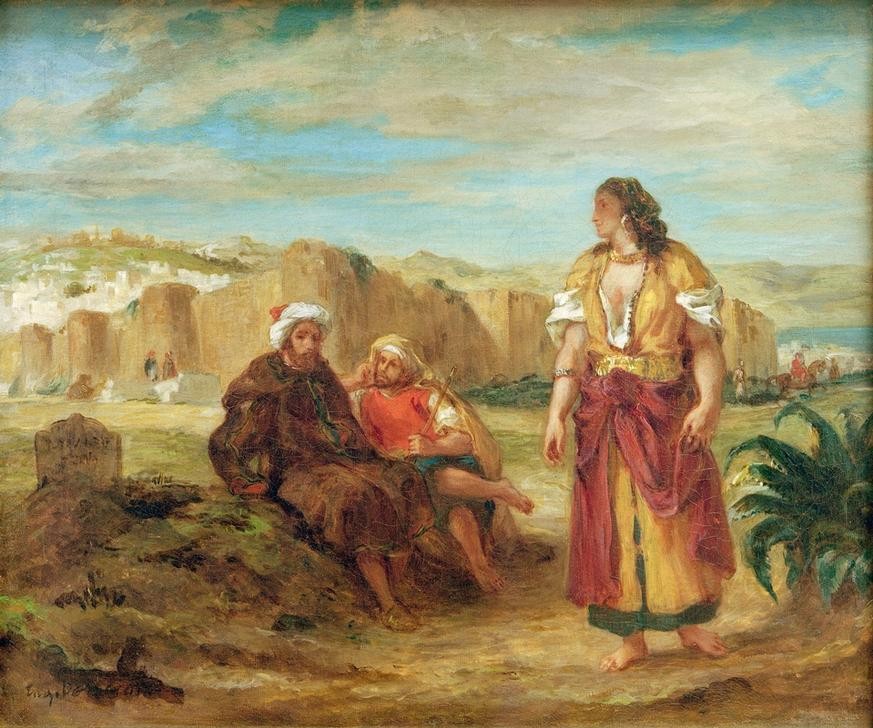 Eugene Delacroix, Vue de Tanger avec deux Arabes assis (Frau,Kunst,Völkerkunde,Stadtansicht,Französische Kunst,Frau Im Islam,Romantik,Islamische Länder,Islamische Welt)