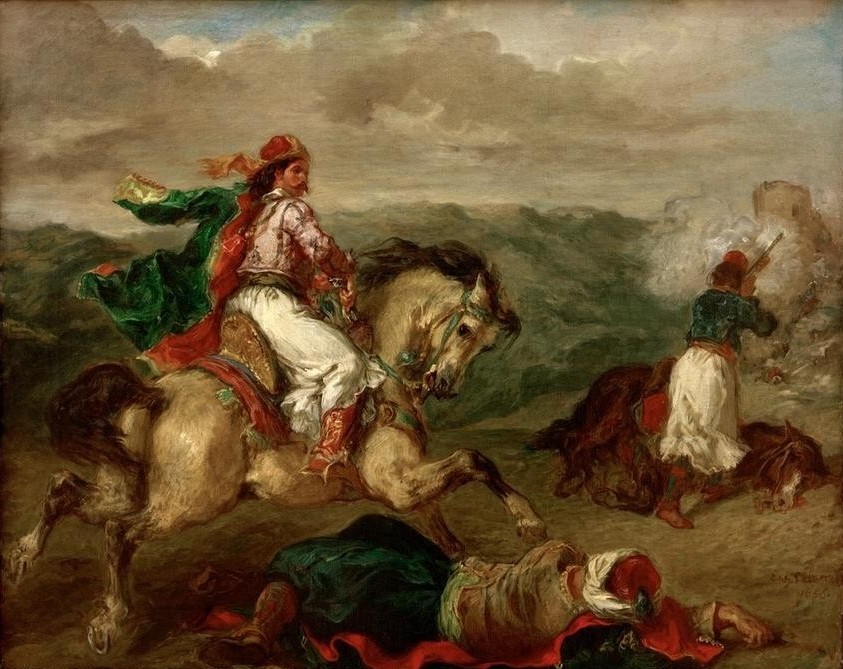 Eugene Delacroix, Episode de la guerre en Grèce (Geschichte,Freiheitskämpfer,Krieg,Kunst,Pferd (Tier),Unabhängigkeitskämpfer,Szene,Völkerkunde,Reiter,Griechischer Unabhängigkeitskrieg,Französische Kunst,Osmanisches Reich,Pulverdampf,Reiten,Romantik)