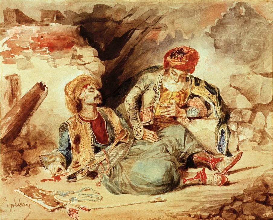 Eugene Delacroix, Episode des guerres entre les Turcs et les Grecs (Geschichte,Kunst,Militär,Soldat,Tod,Völkerkunde,Gefallene,Griechischer Unabhängigkeitskrieg,Französische Kunst,Islamische Kunst,Sterben,Osmanisches Reich,Romantik,Verwundung,Islamische Welt)