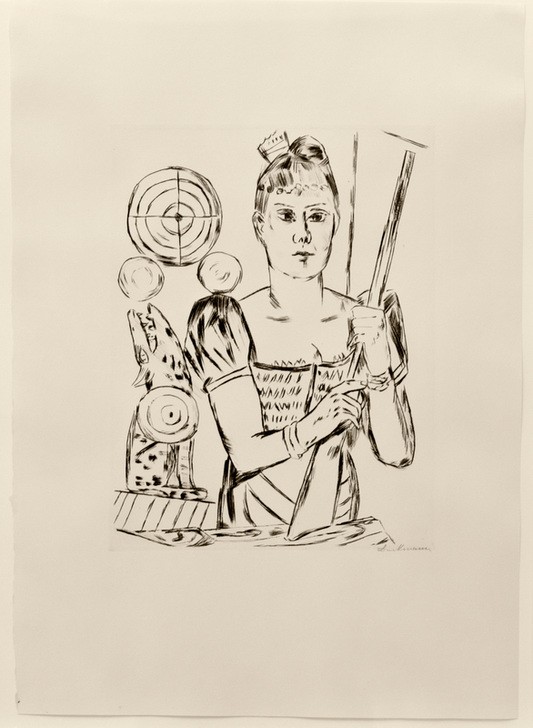 Max Beckmann, Schießbude (Klassische Moderne, Kreidezeichnung, Jahrmarktzyklus, Schießbude, Mädchen, Expressionismus, Menschen, kantig, kubistisch, schonungslos, drastisch, Wunschgröße, Wohnzimmer, schwarz/weiß)