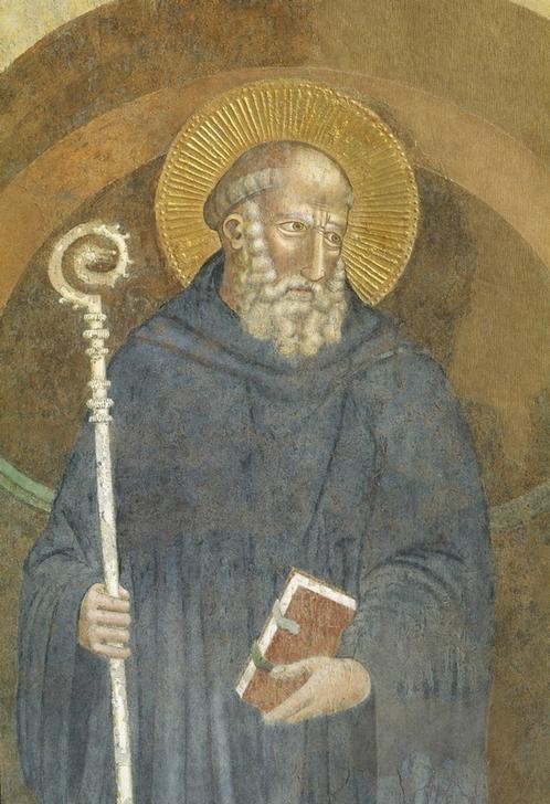 Giotto di Bondone, Der Heilige Benedikt von Nursia (Christentum, Heiliger, Kloster, Kunst, Religion, Abt, Heiligenschein, Ordensgründer, Detail, Klassiker, Gotik,   Malerei, Wunschgröße,  Wohnzimmer, bunt)